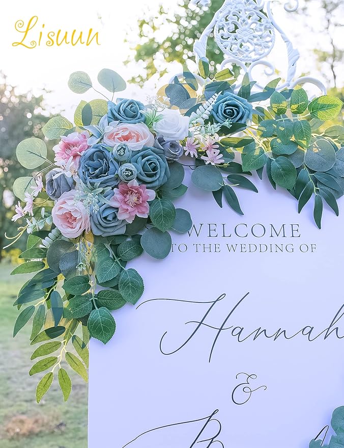 Wedding Arch Flowers, Artificial Floral Decor for Wedding Ceremony & Reception, Standard Size Large Flower Swag Set for Backdrop & Welcome Sign, Pack of 2 (Pink & Blue)