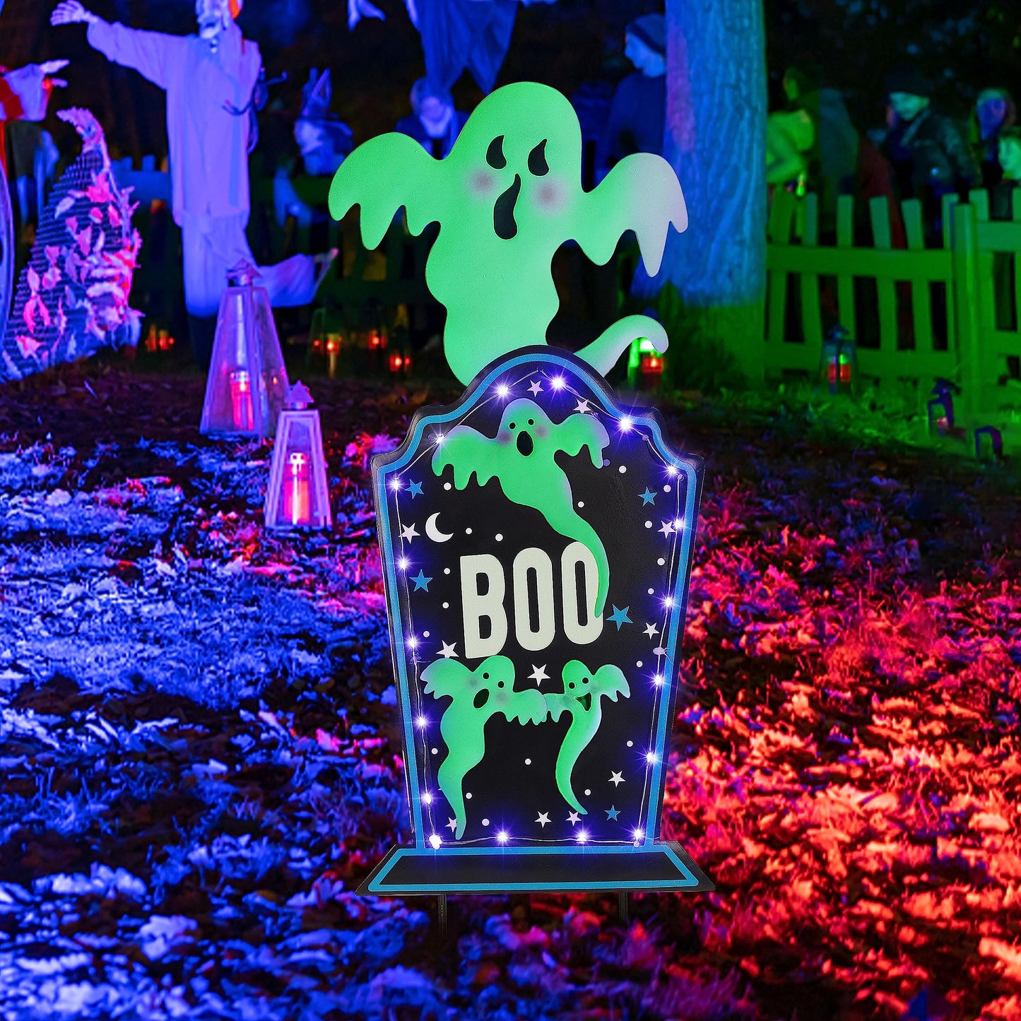 Joliyoou Halloween Yard Stake, 26.4" Solar Lighted Metal Tombstone with Glow in The Dark Ghosts, 18 LED Purple Lights Spooky Yard Sign for Outdoor Front Door Yard Lawn Garden Decors