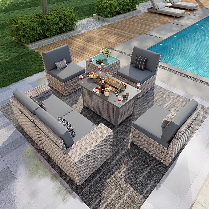 PCSXDSW 7-Piece Outdoor Patio Furniture Set, Rattan Wicker Conversation Set with Wide Armrests, Outdoor Modular Sectional Couch Seating Group Sofa with Fire Pit for Deck Garden Porch (Gray Cushions)