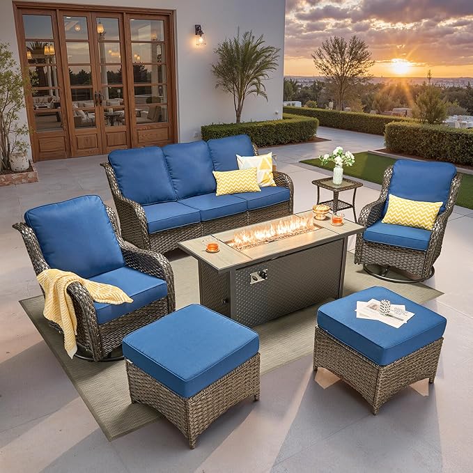 ovios 7 Pieces Patio Furniture Set, Outdoor Wicker Sofa Couch with Swivel Chairs 54" Fire Pit Table, High Back Modern All Weather Conversation Sets, Brown Rattan, Navy Blue