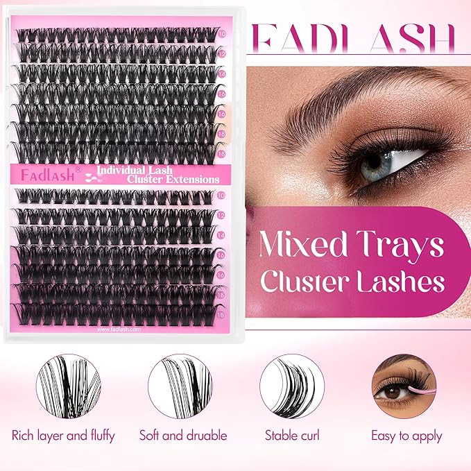 Lash Clusters Fluffy 60D+80D 10-18mm Mixed Tray Thick Eyelash Clusters D Curl Individual Lashes 259pcs Eyelash Extension Clusters Wispy Soft DIY Lash Extensions (60D+80D-0.07-D,10-18mm)