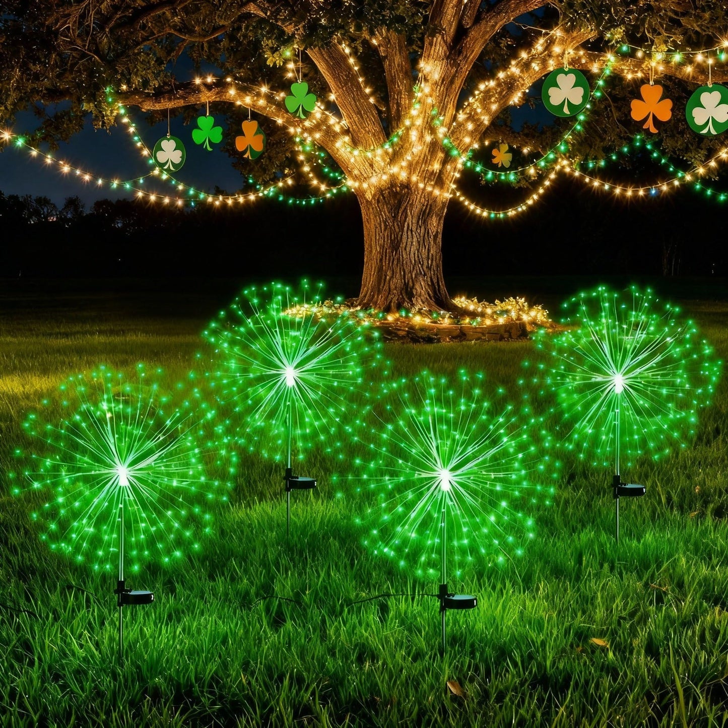 Tujoe 4 Pcs St Patricks Day Solar Lights Solar Firework Lights Decoration 180 LED 8 Modes Waterproof LED Stake Sparkler Decor for Irish Walkway Pathway Driveway Garden Patio Yard Lawn(Green)