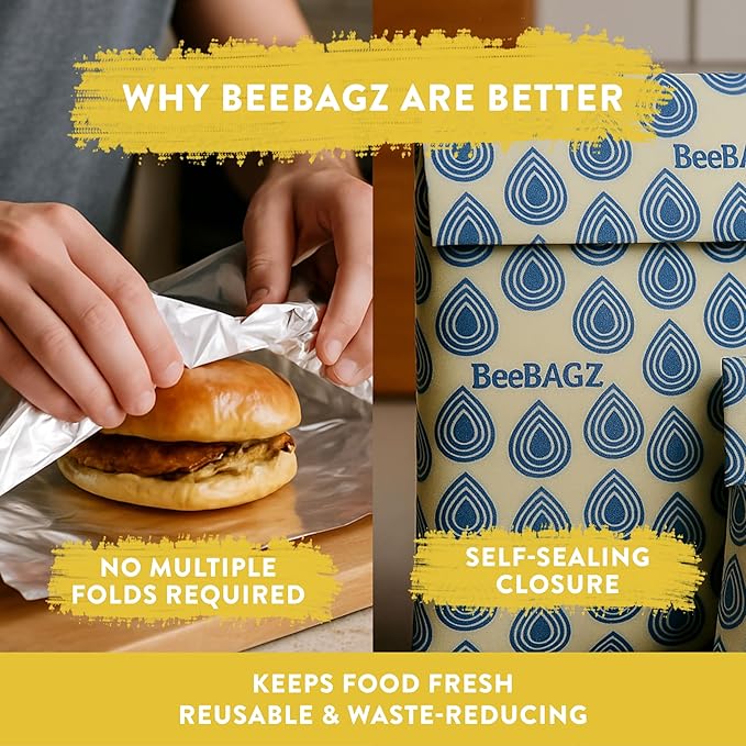 BeeBAGZ - Beeswax Wrap Storage Bag, Reusable Food Storage Bags, Pack of 3, Plastic Free Biodegradable Food Wrap Alternative, Starter Pack, 1 Small + 1 Medium + 1 Large, (Blue)