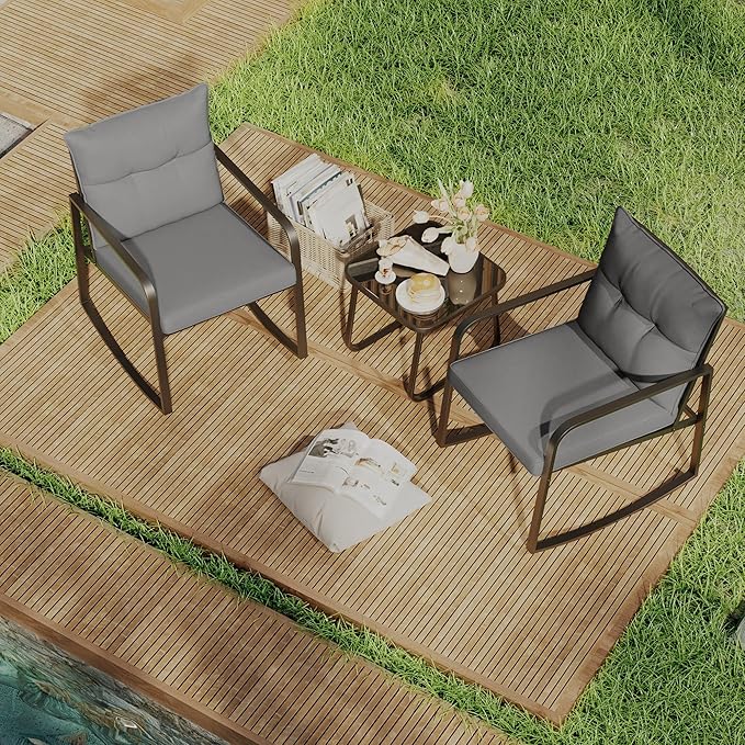Gizoon 3 Piece Rocking Bistro Set, Black Steel Patio Furniture, Porch Chairs Conversation Set with Glass Coffee Table, Back Cushion, for Balcony, Garden, Deck, Backyard, Grey