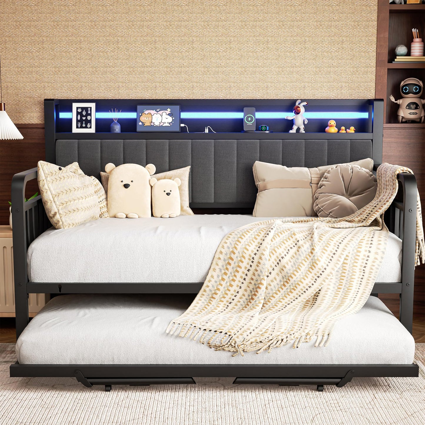 Daybed with Trundle and LED Light, Heavy Duty Metal Twin Bed Frame with Upholstered Storage Headboard & Charging Station, Day Bed Pop Up Trundle Bed Twin for Living Room,Bedroom and Guest Room (Black)