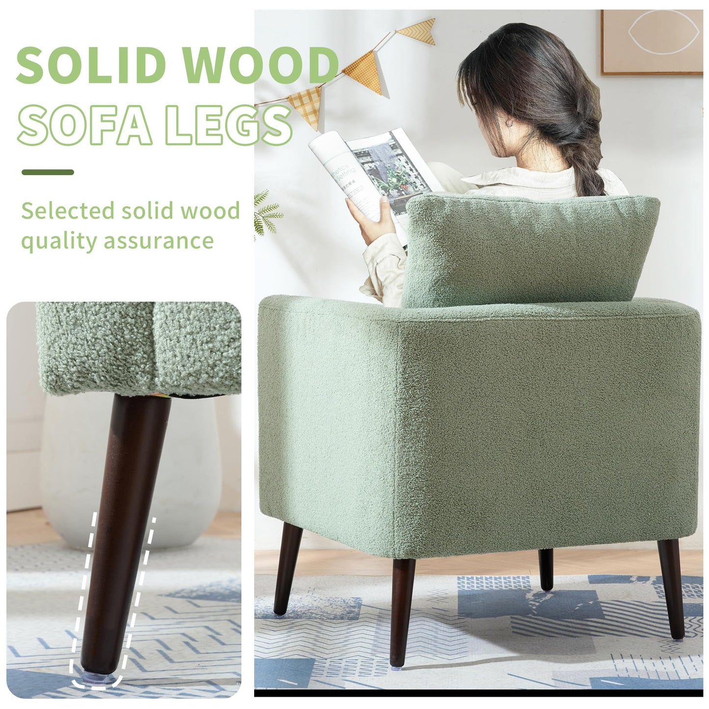 QKFF Barrel Accent Chair with Back Pillow, Large Teddy Upholstered Armchair with Solid Wood Legs Modern Reading Chairs for Living Room Bedroom