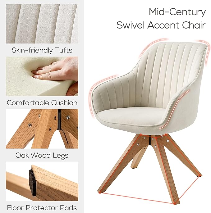 Art Leon Mid Century Modern Dining Chair - Fabric Upholstered Swivel Dining Chair, Kitchen Dining Room Chair with Oak Wood Legs, Leisure Side Chair with Arms, Off White