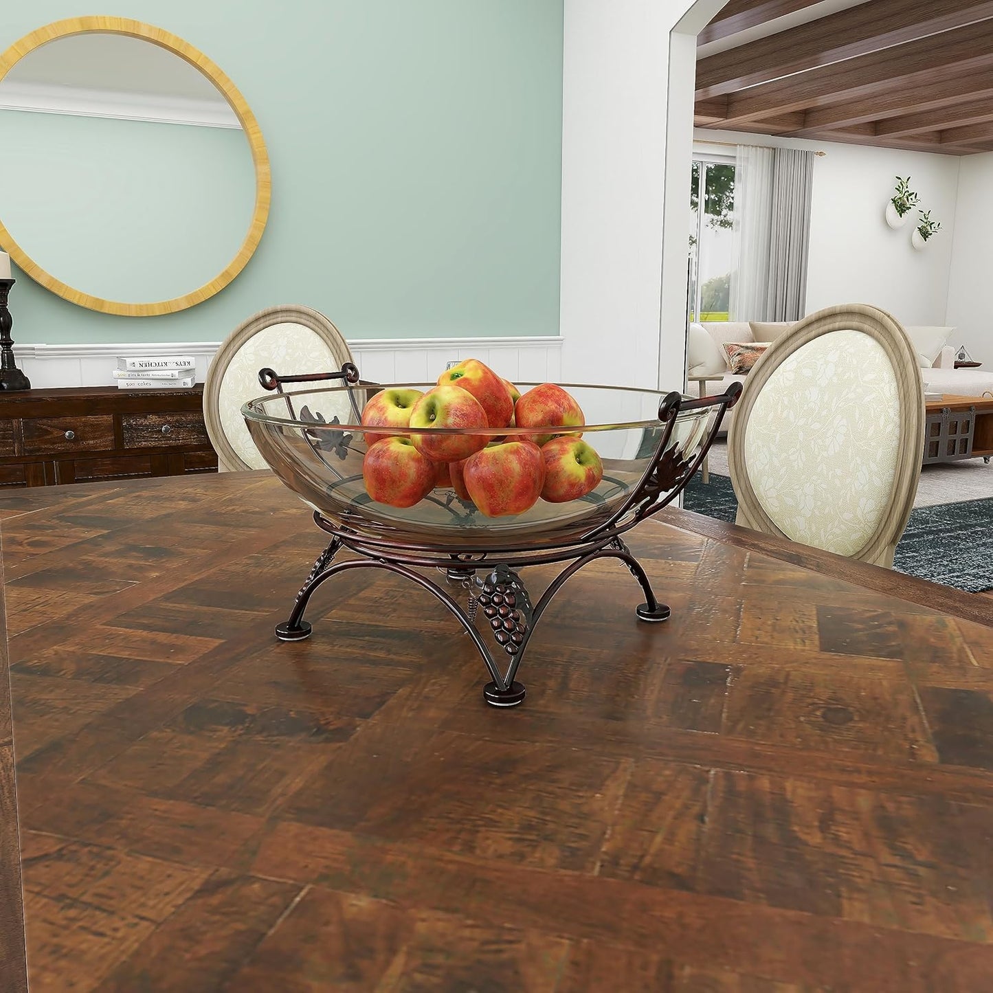 Deco 79 Tempered Glass Kitchen Serving Bowl with Copper Metal Grapes Base, 19" x 17" x 10", Clear