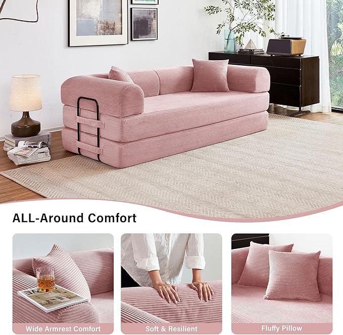 79" 5-in-1 Folding Convertible Sofa Bed, Oversized Corduroy Futon Floor Couch with Pull-Out Sleeper, Modular Boneless Loveseat for Small Spaces, Living Room, Bedroom (Pink)