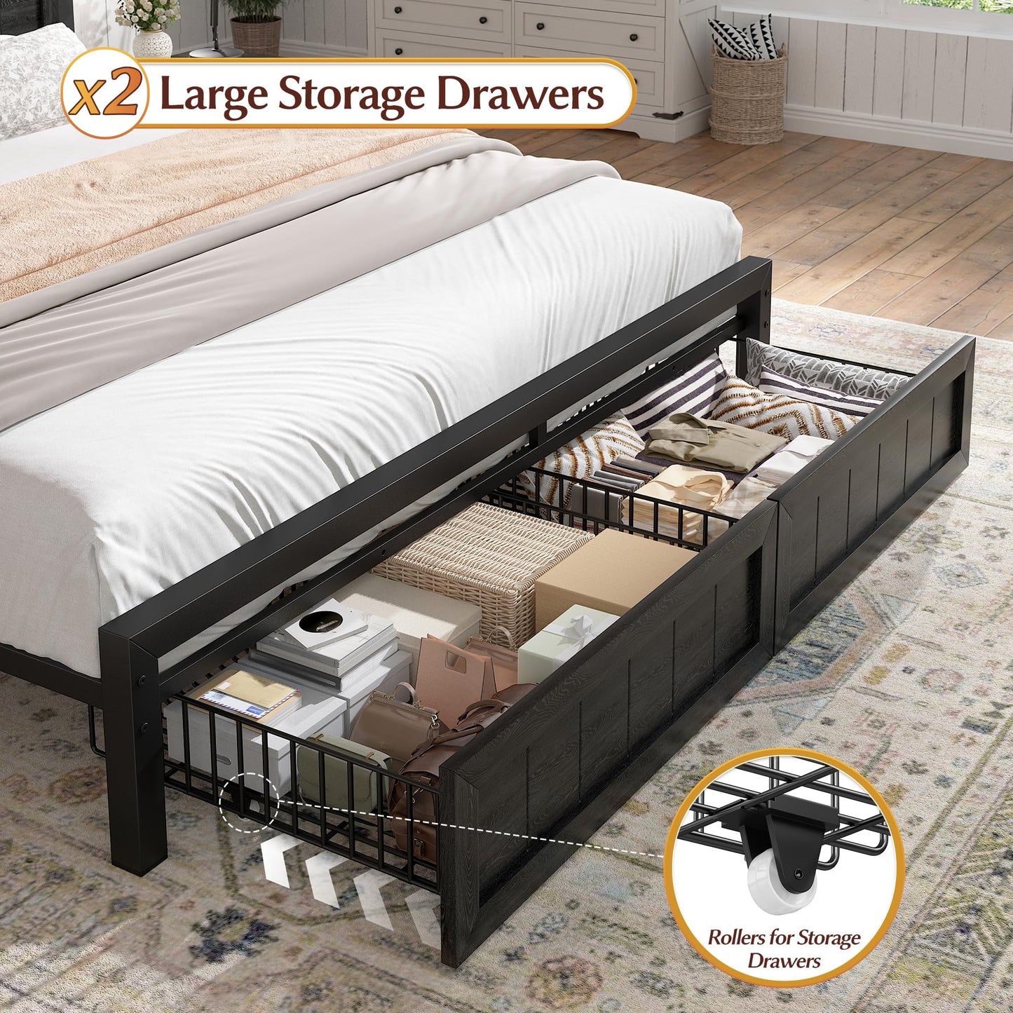 EnHomee Full Size Bed Frame with 2 Storage Drawers and Headboard Built in Charging Station & LED Light,NO Noise,No Box Spring Needed,Black