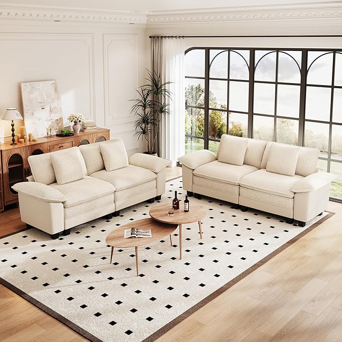 PHI VILLA Cloud Modular Couches Sets, 2 Pieces Sectional Loveseat Sofa Set, 4-Seater Comfy Couch for Living Room Small Spaces, Chenille Corduroy Dual Fabric, Beige