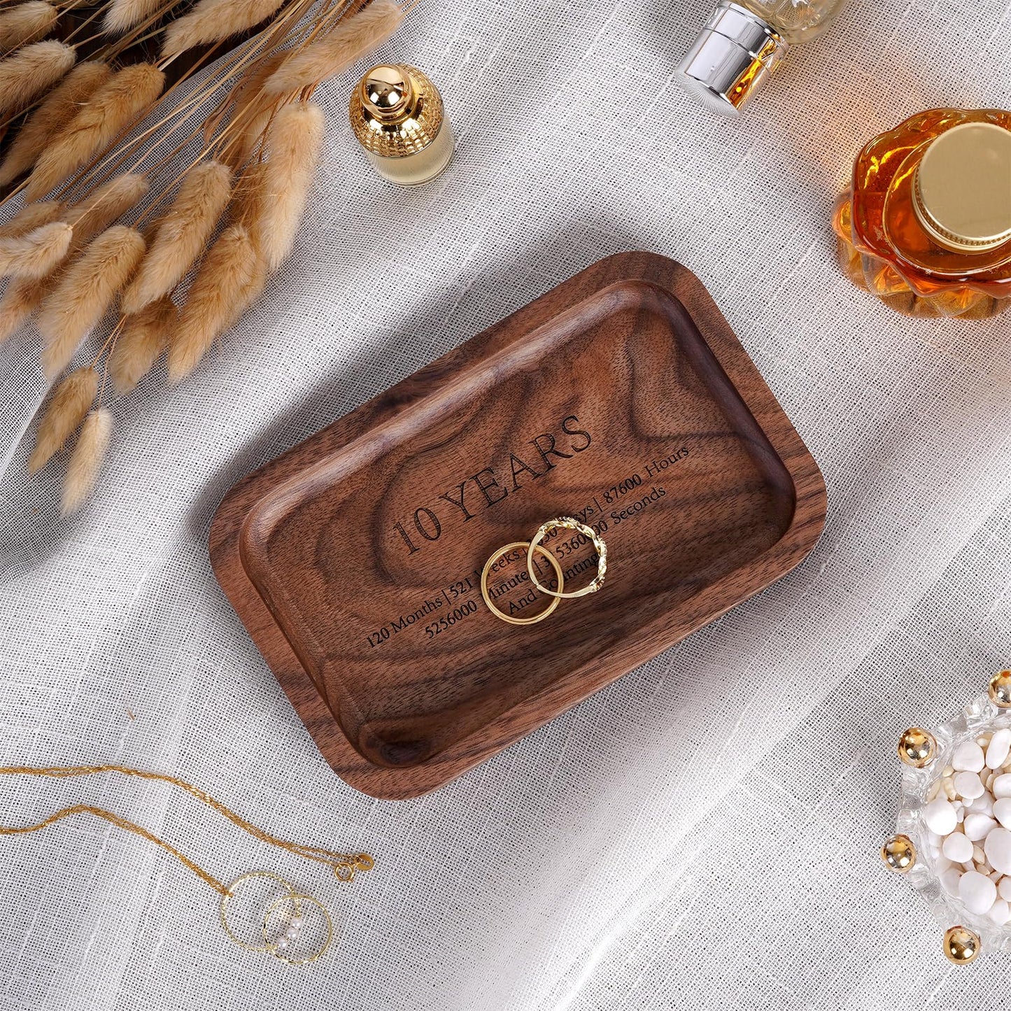 10 Years Anniversary Wood Tray Gifts for Him/Her, Wooden Engraved Ring Dish, Wood Trinket Dish for Wedding Anniversary, Birthday, Valentines Day Gifts for Husband, Wife - 5.5x3.5 Inch