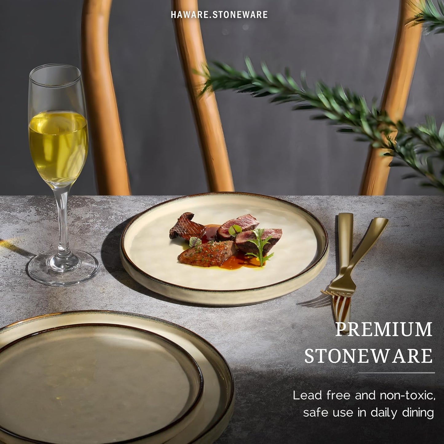 HaWare Stoneware Plates Set of 6, 7.9” Salad Plates, Reactive Glaze Ripple Ceramic Dish Set for Appetizer, Dessert, Scratch Resistant, Small Dinner Plate, Microwave and Dishwasher Safe, Saturn Khaki