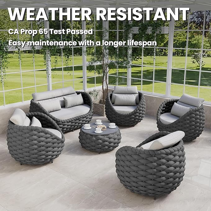 Erotr 6-Piece Alumunim Outdoor Seating Set: All-Weather Patio Accent Furniture Sofa Set, Hand Woven Rope, No Assembly, Modern Garden Lounge Conversation Set for Backyard Deck Porch Poolside Hotel