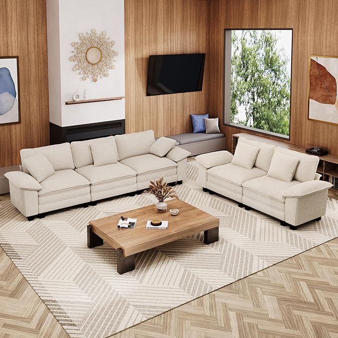 MIXPATIO L-Shaped Cloud Modular Sofa Set with Chaise Lounge, 5-Piece Sectional & Deep Seat, Plush Corduroy w/Removable Arms for Living Room - Beige