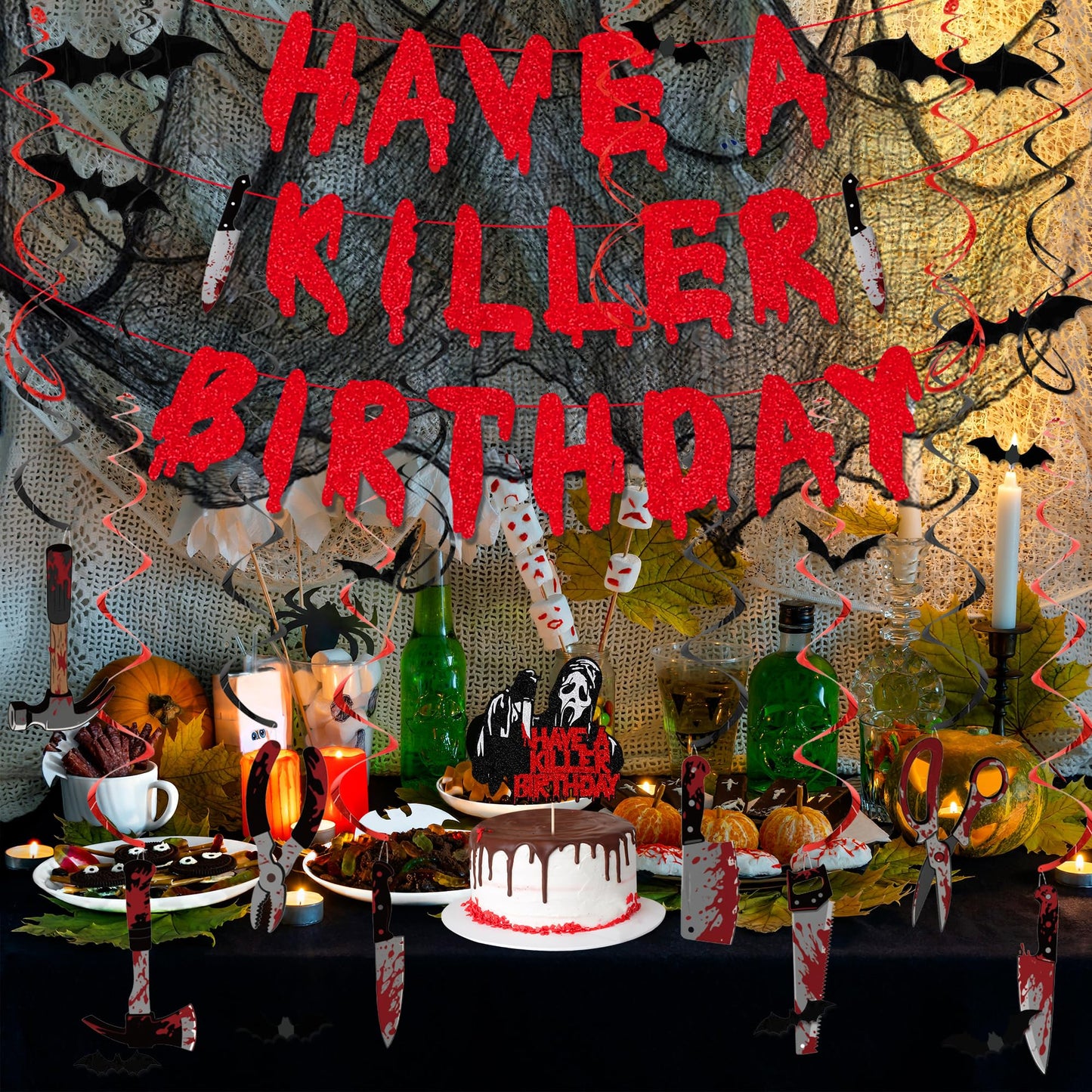 Trgowaul Halloween Horror Birthday Decorations, 31PCS Halloween Party Supplies, Hanging Swirls, Killer Cake Topper, Banner, Black Creepy Cloth&3D Bat Sticker for Spooky Haunted House Fireplace Decor