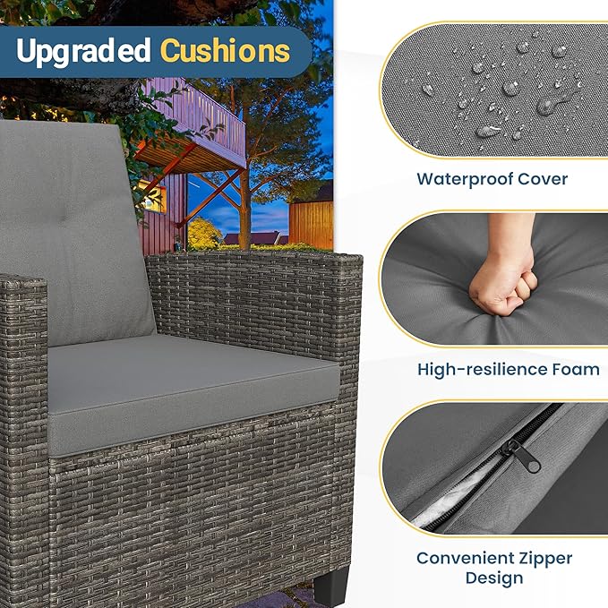 Wisteria Lane 4 Piece Patio Furniture Set, Wicker Outdoor Patio Conversation Furniture Set, All Weather Outdoor Patio Sofa with Cushion and Wood Table, Gray Wood