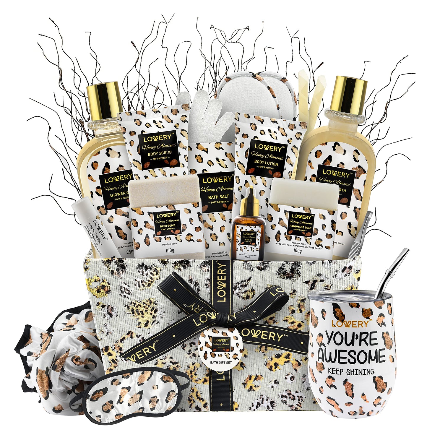Luxury At-Home Spa Kit with Honey Almond Scent - Bath Gift Basket with Vit E-Rich Bath Essentials, Tumbler, Ear Candles, Bath Oil, Salts, Shower Steamer, Organic Lip Balm & More in Leopard Basket, 21