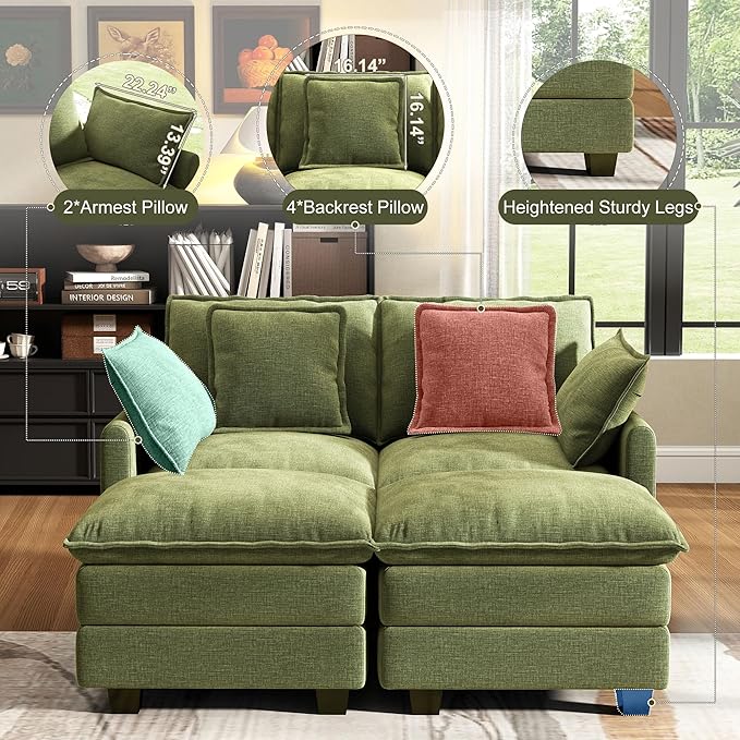 58" Cloud Couch Loveseat, Deep Seat Modular Sectional Sofa with 4 Removable Washable Pillows and 2 Ottoman for Living Room, Bedroom, Apartment, Green
