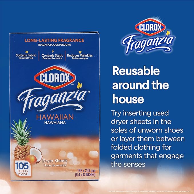 Clorox Fraganzia Fabric Softener Dryer Sheets, Hawaiian Scent - Wrinkle Reducing Scented Softening Laundry Dryer Sheets for Great Smelling Clothes, 105 Count