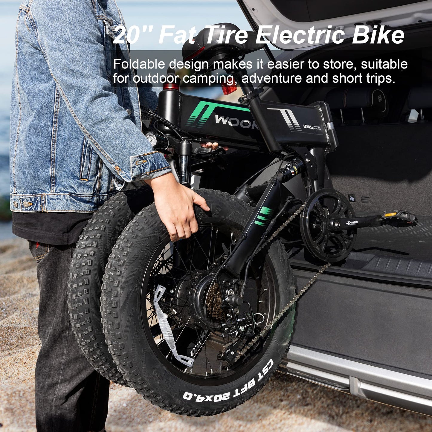 Wooken Electric Bike for Adults, 20''X4.0 Fat Tire Ebike for Adults, Peak 750W Foldable Electric Bicycle with 48V 10Ah Battery, 7 Speed, Full Fuspension, 20MPH Ebike for Mountain Beach Snow