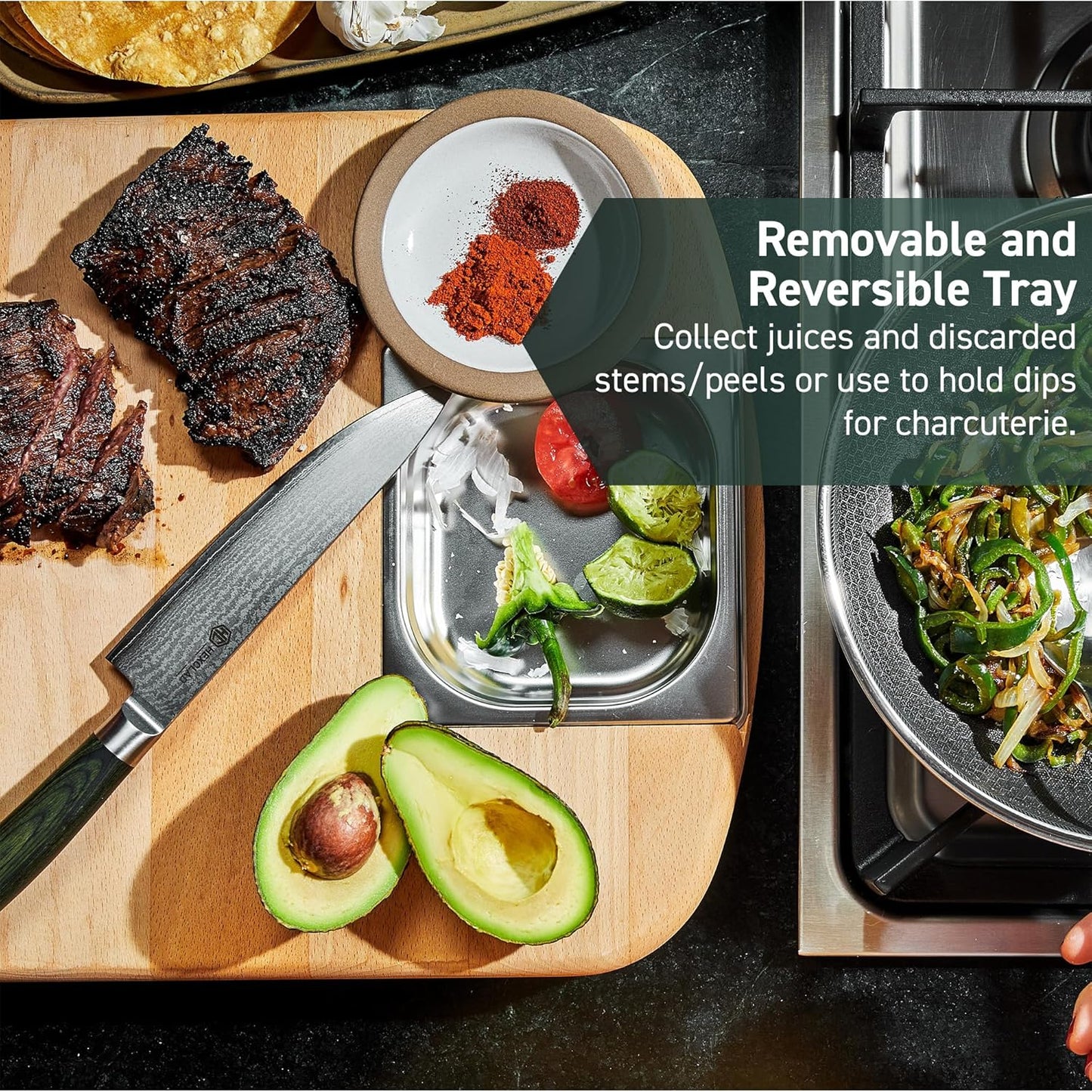 HexClad Hybrid Beechwood Carving and Cutting Board with Stainless Steel Drip Tray, Carrying Handle, and Juice Trenches, Double-Sided