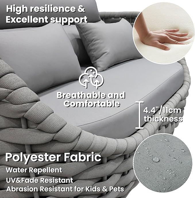 Erotr Woven Rope Patio Sofa Furniture Set of 4: Aluminum All Weather Outdoor Conversation Set, Couch Armchair and Loveseat Set with Table Cushions for Deck Porch Poolside Garden Backyard Hotel - Gray