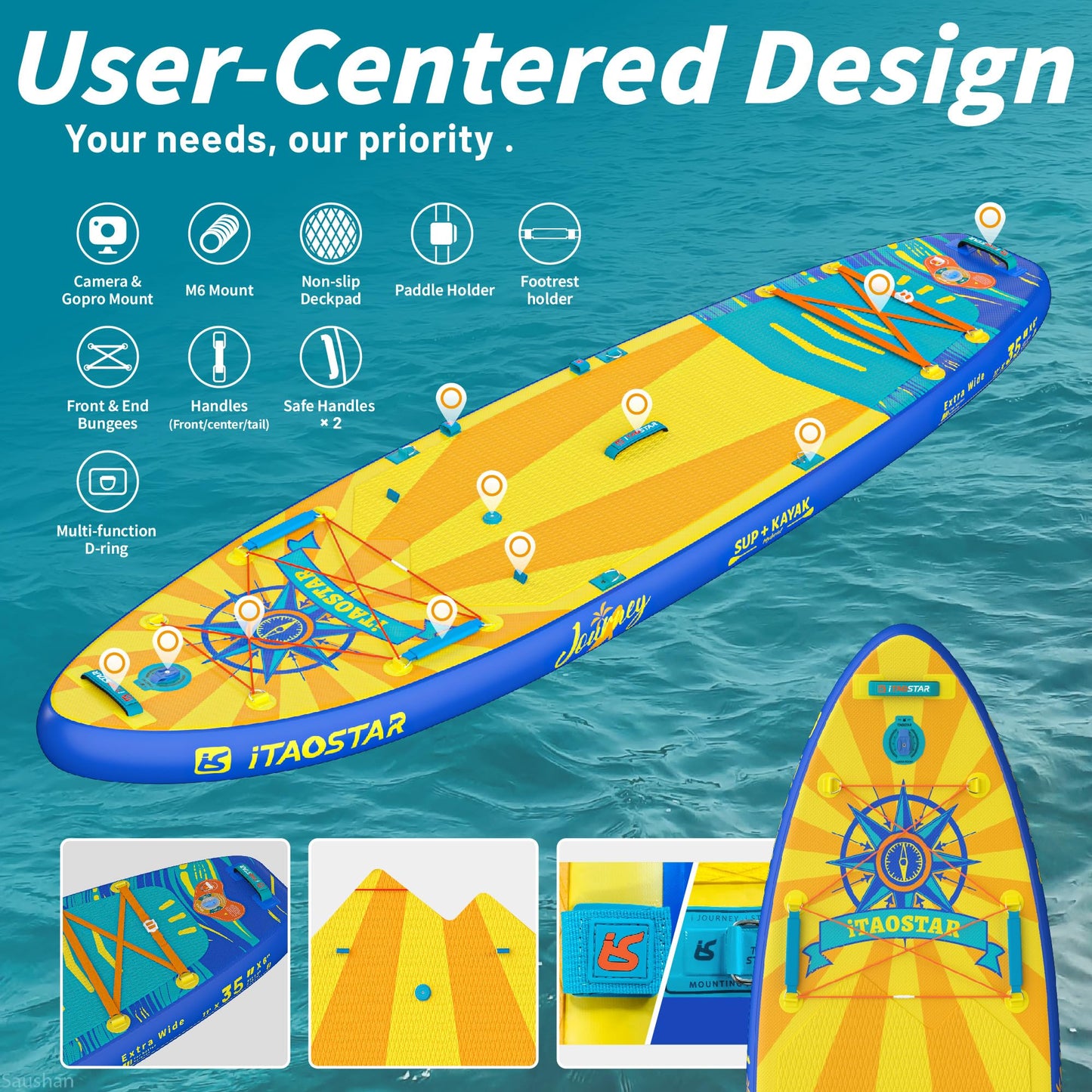 iTAOSTAR J07DP 35" Extra Wide Stand Up Paddle Board, More Balance Inflatable Paddle Board with 5 Fins for Beginner，Paddle Boards for Adults of All Skill Levels