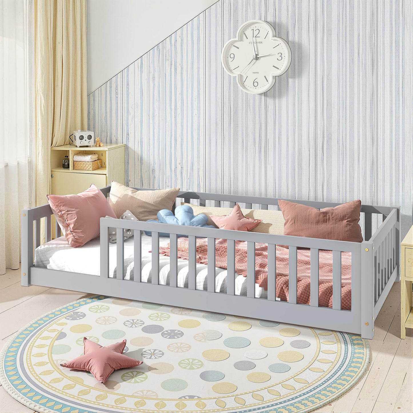 Lyngins Twin Size Floor Bed for Kids Montessori Bed Frame with Wood Slats, High Fence Floor Bedframe Twin Beds for Boys, Girls, No Doors, Gray