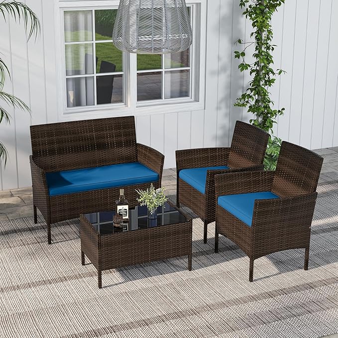 RELAX4LIFE 8-Piece Patio Furniture Set - Rattan Outdoor Conversation Bistro Set w/Cushions, Glass Coffee Table, Wicker Chairs & Loveseat for Garden Backyard Porch, Balcony Furniture Set (2, Peacock)