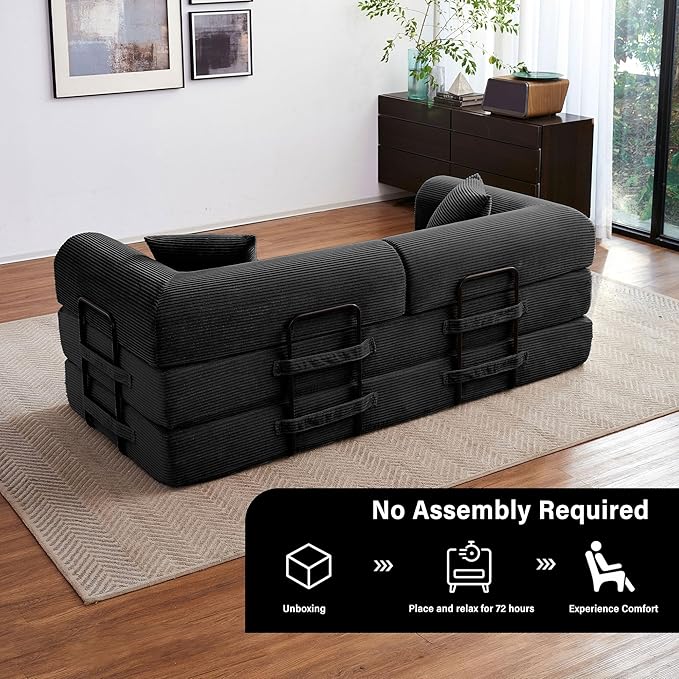 79" 5-in-1 Folding Convertible Sofa Bed, Oversized Corduroy Futon Floor Couch with Pull-Out Sleeper, Modular Boneless Loveseat for Small Spaces, Living Room, Bedroom (Black)