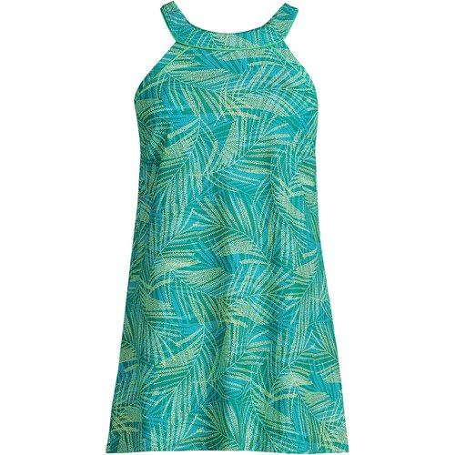 Lands' End Womens Chlorine Resistant High Neck Swim Dress Island Emerald Stipple Palm Regular 6