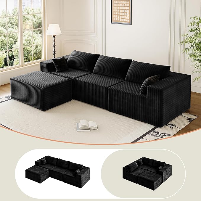 CABZOON 110" Cloud Couch Sectional for Living Room L-Shape Boneless Couches Modular Sectional Sofa with Deep Seat with Chaise,No Assembly Required,Carbon Black(Plush Corduroy Fabric)