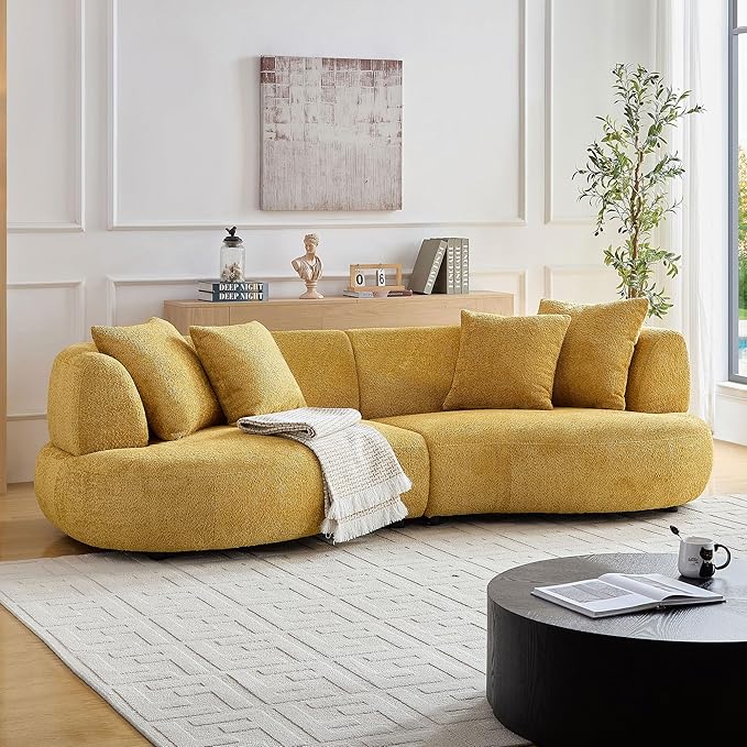 KEIKI 102" Curved Oversized Boucle Modular Sectional Sofa with 4 Throw Pillows, Mid-Century 4-Seater Upholstered Corner Plush Comfy Couch, Easy Assembly, for Apartment, Living Room, Yellow