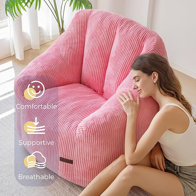 MAXYOYO Bean Bag Chair, Bean Bag Sofa with Filler, Cozy Living Room Chair for Adults and Kids, Stuffed Floor Sofa for Bedroom Dorm Reading, Pink