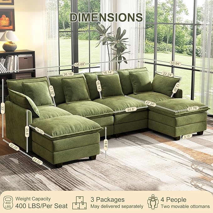 Cloud Couch Sectional, U Shaped Modular Sectional Sofa, 4-Seat Deep Seat Couch with 6 Removable Washable Pillows and 2 Ottoman for Living Room, Bedroom, Apartment