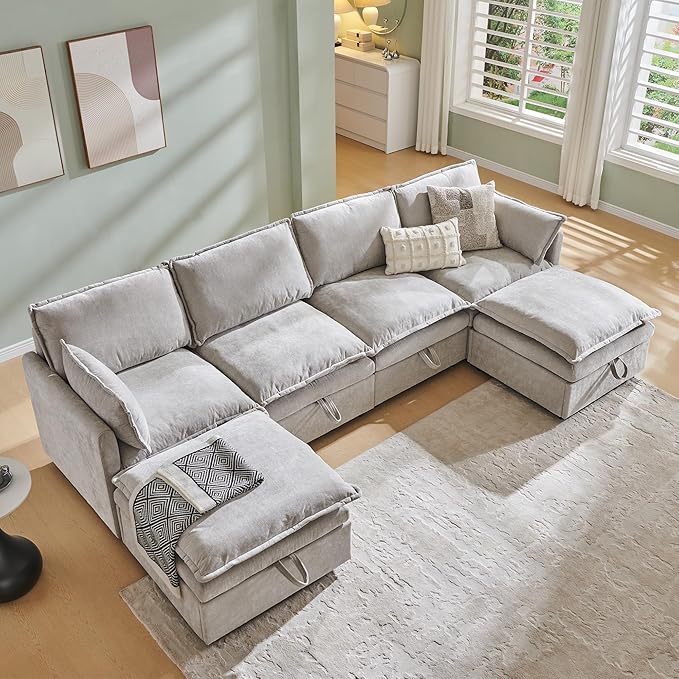 112.6" Sectional Couches for Living Room, Cloud Couch Sectional with Large Storage, U-Shape Modular Sectional Sofa with Ottoman, 6 Seater Chenille Sofa with Pillow for Apartment, Bedroom, Light Gery