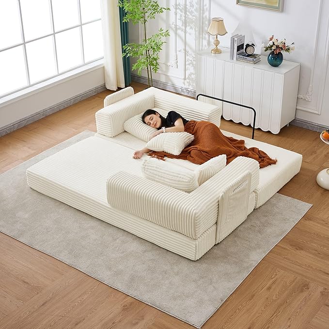 79.5" Folding Convertible Sofa Bed with Side Storage Pockets, 4-in-1 Corduroy Boneless Couch, No Assembly Loveseat Sleeper, Floor Sofa Daybed Futon Couch for Living Room Bedroom Lounge, Beige Upgraded