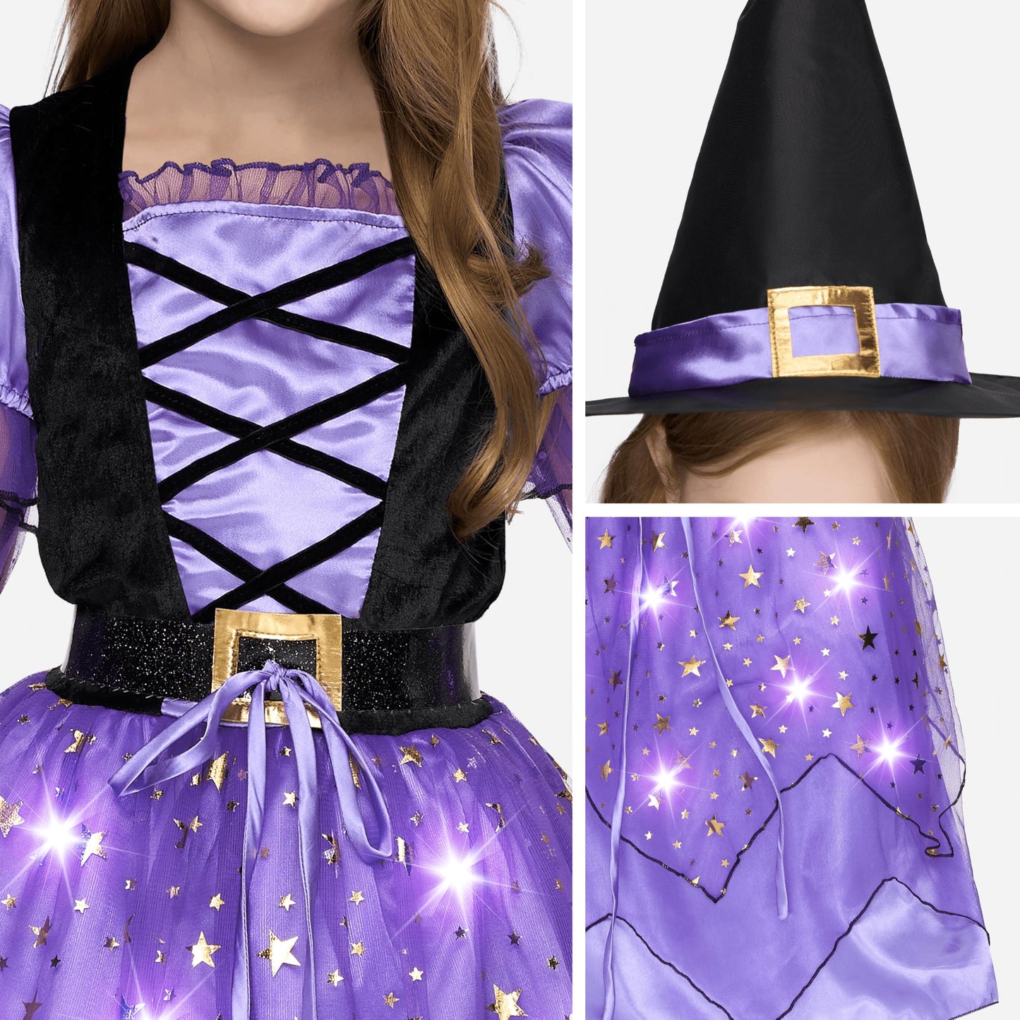 Spooktacular Creations Girls Witch Costume, Light up Witch Costume Kids, Starry Dress with Broom Belt Hat for Child Halloween Role Play Parties, S