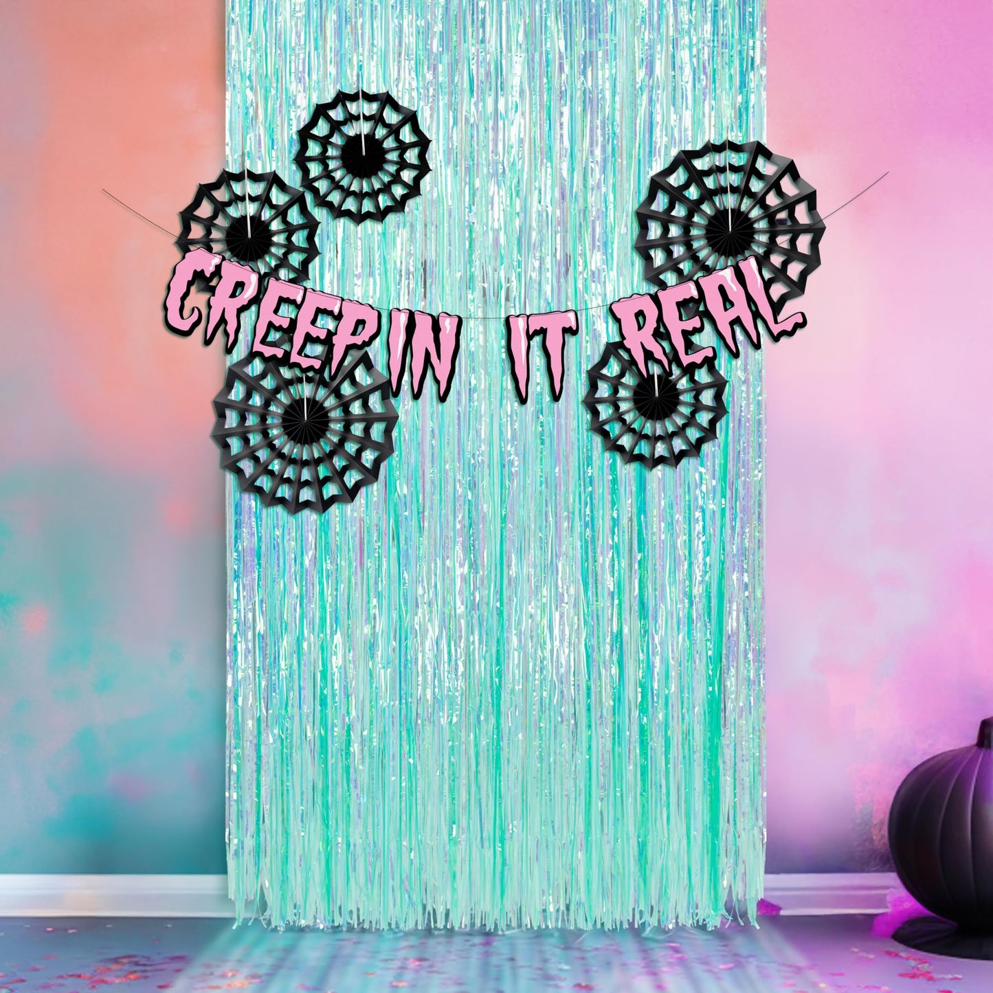 Cheerland Cyan Summerween Spider Web Backdrop Banner Party Decorations Pastel Foil Neon Curtain Streamers Cobweb Paper Fans Photobooth Background for Halloween Birthday Witch Cosplay Party Supplies