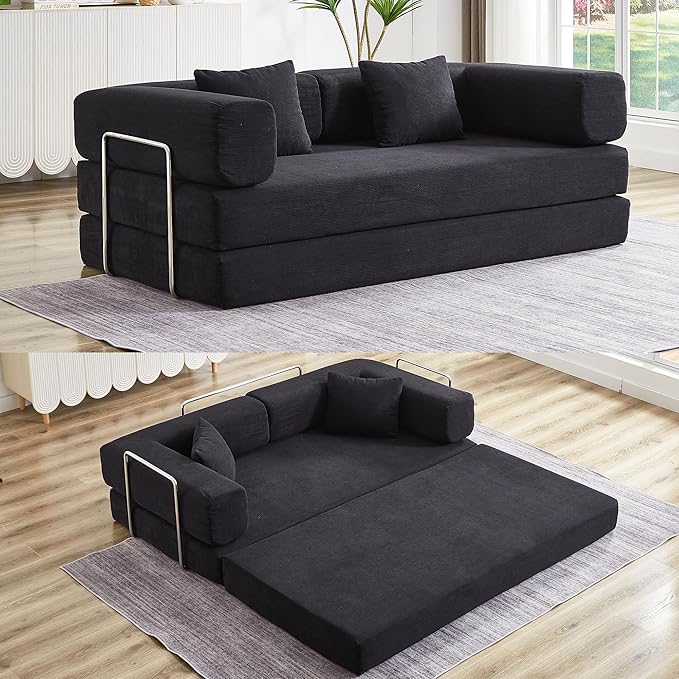 Convertible Couch Sofa Bed Foldable Floor Sleeper | All High-Density Foam | Fold Out Deep Seat Couch | King Size | Compression Sofa Sleeper for Living Room, Bedroom | Corduroy Black