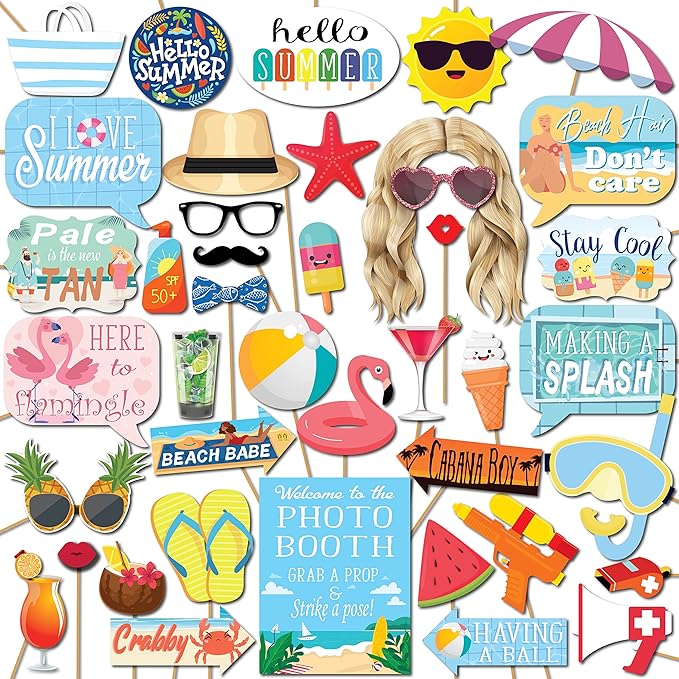 Summer Photo Booth Props - 41 Pieces with Signs, Adhesive Pads, Sticks - Pool Party & Beach Theme Props