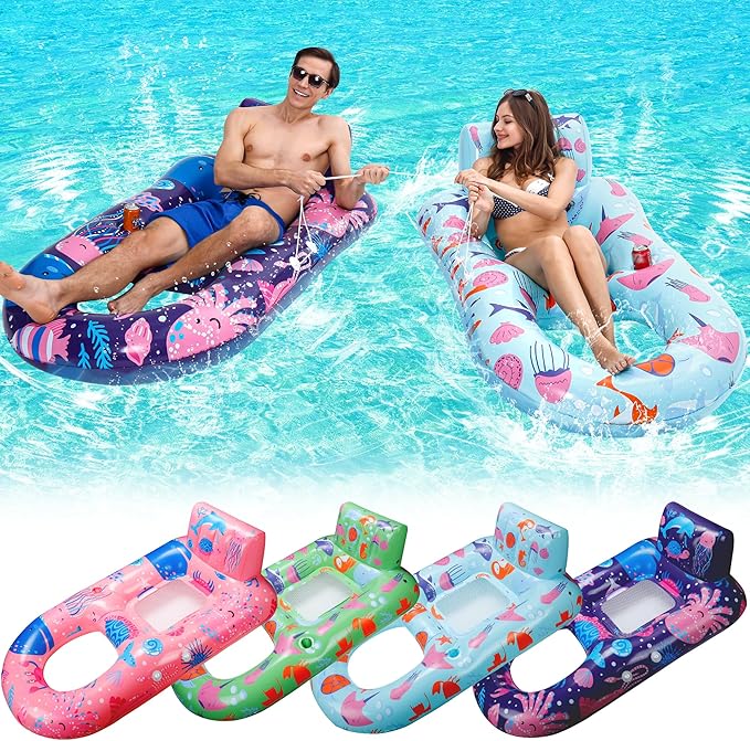 PuppyuWill 4 Pack Pool Floats Adult,Inflatable Pool Lounger Float Heavy Duty with Cup Holder, Backrest & Footrest Pool Lounge Float Extra Large Pool Rafts for Adults Beach Lake Party
