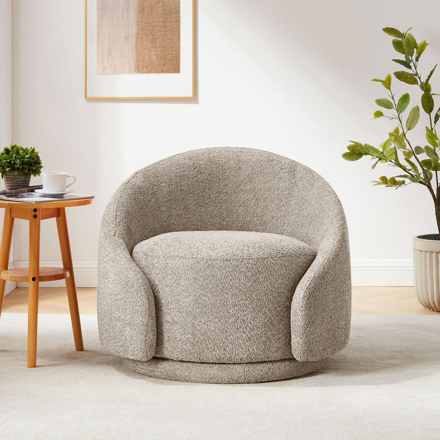 VANOMi Swivel Barrel Chair, Upholstered Modern Round Accent Arm Chairs, 360° Swivel Single Sofa Armchair for Living Room and Bedroom, Camel Boucle