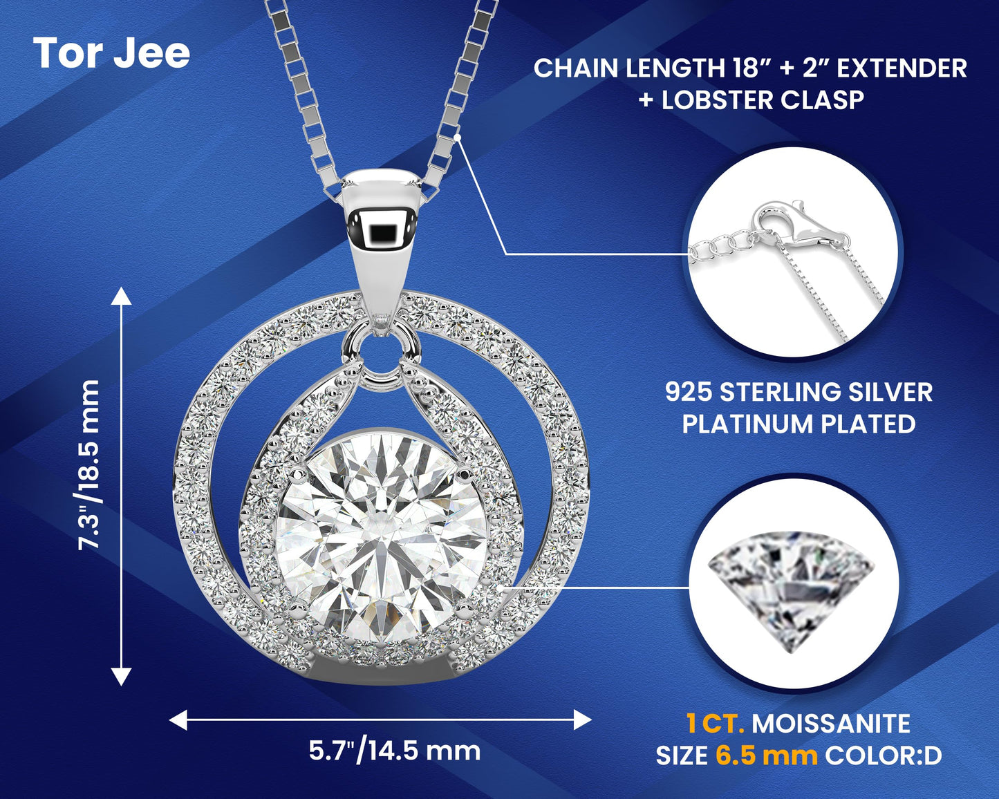 TOR JEE Certified Moissanite Pendant Necklace Gift for Women Birthday for Her, Platinum Plated Silver Necklace with Moissanite Diamond Imitation Gift for Wife from Husband (Circles, 1 CT)