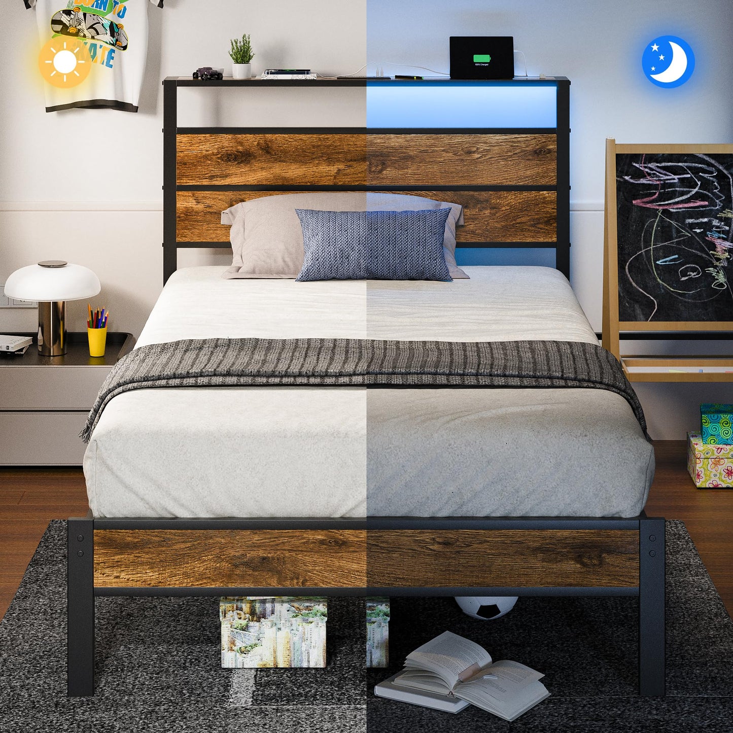 Liians Twin Bed Frame with Storage HeadboardUSB Charging Station, Smart LED Lights, Metal Platform Bed Easy Assembly, No Box Spring Needed