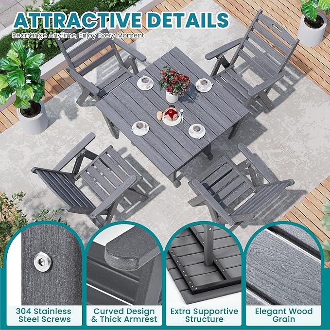 PamapicLife 5-Piece Outdoor Dining Set with Folding Chairs for Outside, All-Weather HDPE Outdoor Table and Chairs with Elegant Armrest, Patio Furniture Sets with Umbrella Hole for Patio, Gray