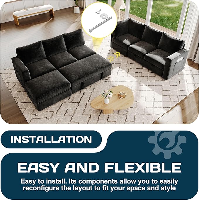 SUAWY 106.7" Sectional Sleeper Sofa with Pull Out Couch, Modern 7 Seat U Shaped Modular Couch, Sectionals Modular Sofa with Storage, Comfy Sectional Couches for Living Room & Apartment, Black