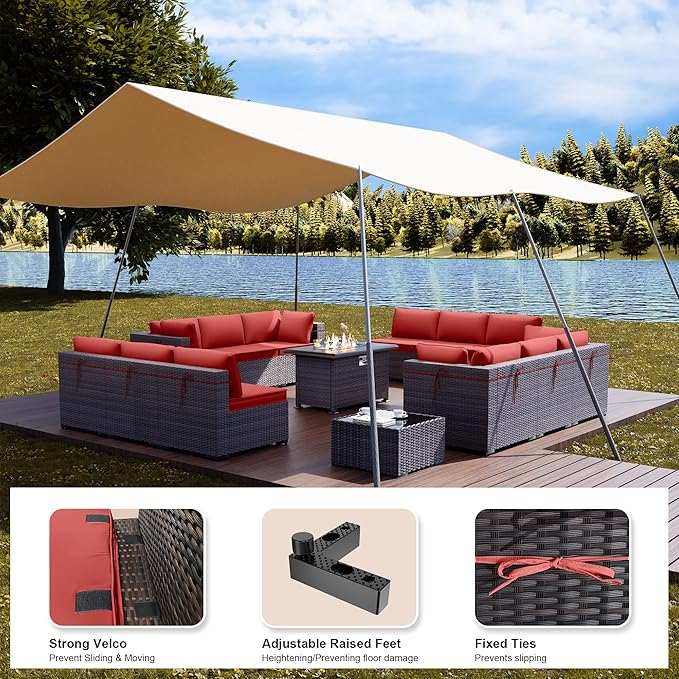 Kullavik 15 Pieces Outdoor Patio Furniture Set with 43" Gas Propane Fire Pit Table PE Wicker Rattan Sectional Sofa Patio Conversation Sets,Red Cushions