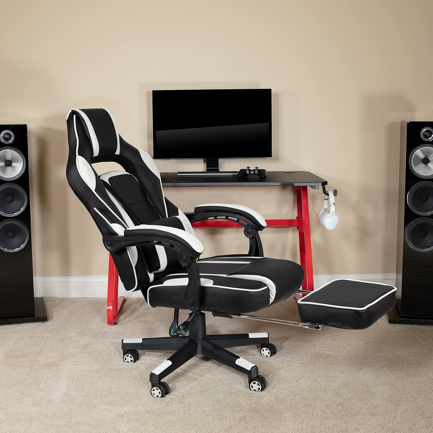 Flash Furniture X40 Gaming Chair Racing Ergonomic Computer Chair with Fully Reclining Back/Arms, Slide-Out Footrest, Massaging Lumbar - White